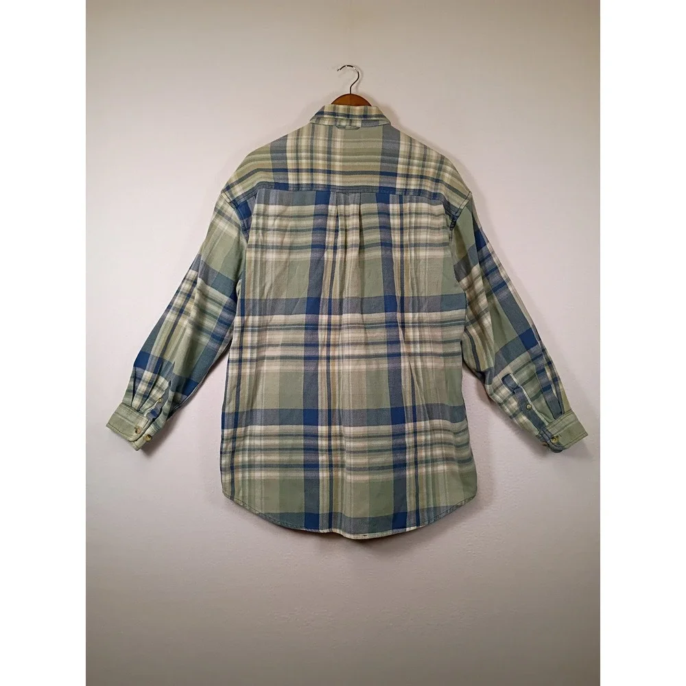 Rustic Grunge Jos J Oliver Mens XL Green Blue Plaid Cotton Flannel Button Shirt